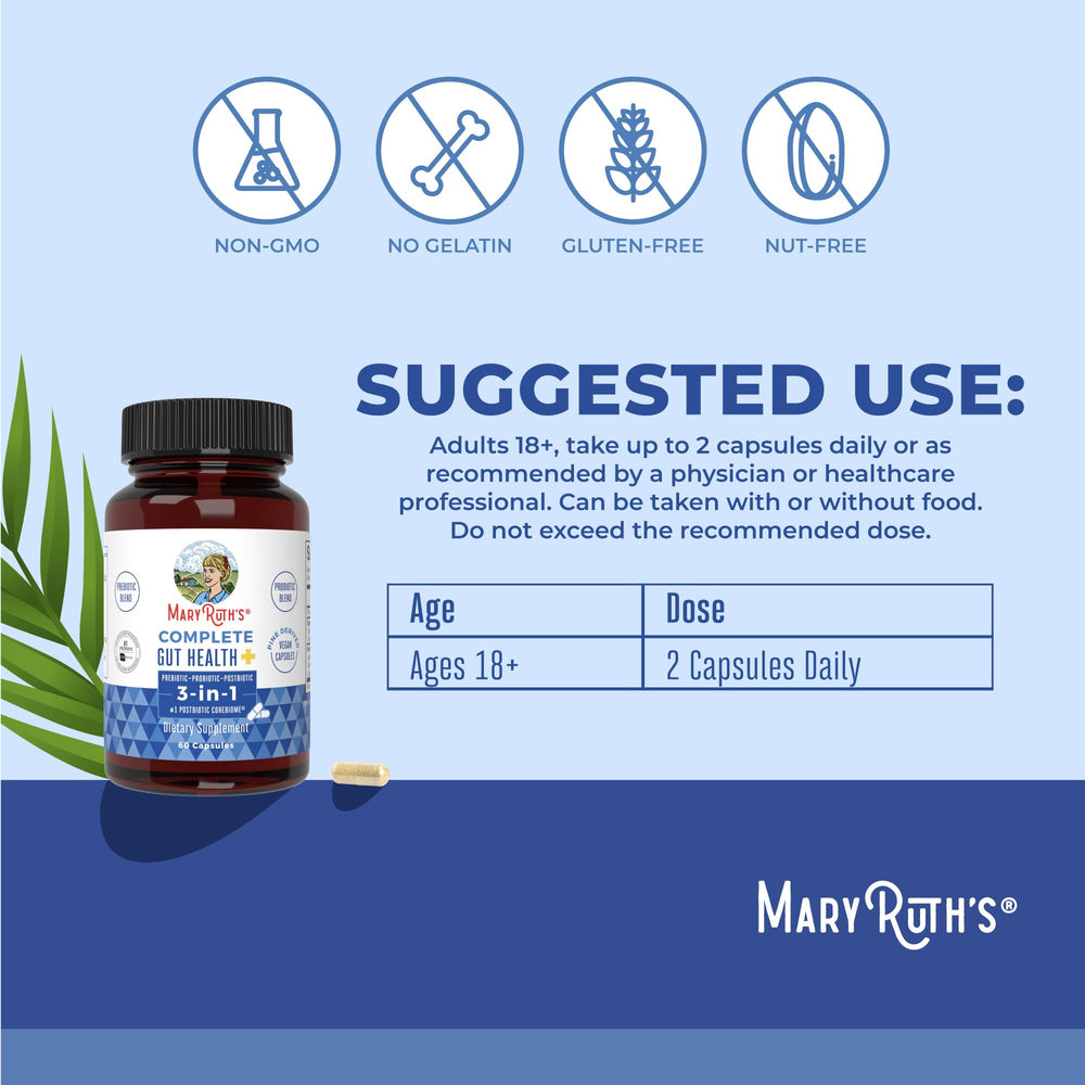 Close-up of Complete Gut Health+ bottle label