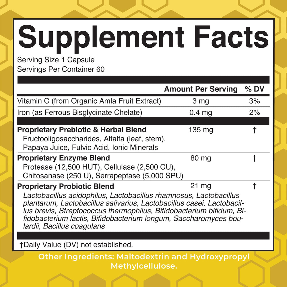 Close-up of Gut Flora Health+ Enzymes bottle label