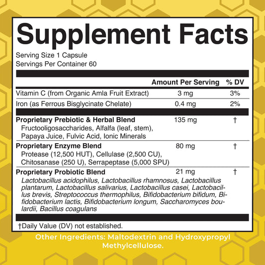 Close-up of Gut Flora Health+ Enzymes bottle label