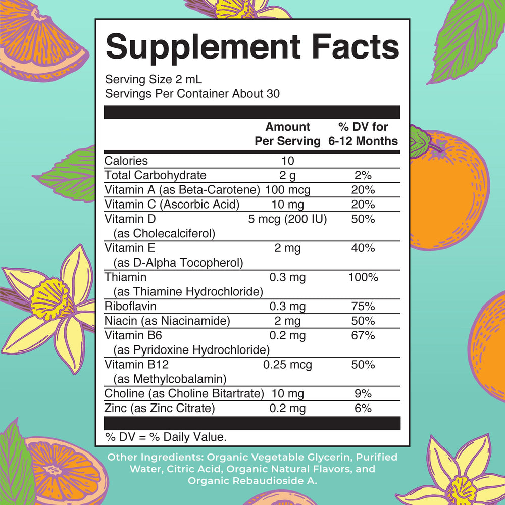 Bottle label showing USDA Organic and vegan icons