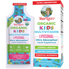 MaryRuth Organics Kids Multivitamin Liposomal bottle label with strawberry cherry vanilla flavor
