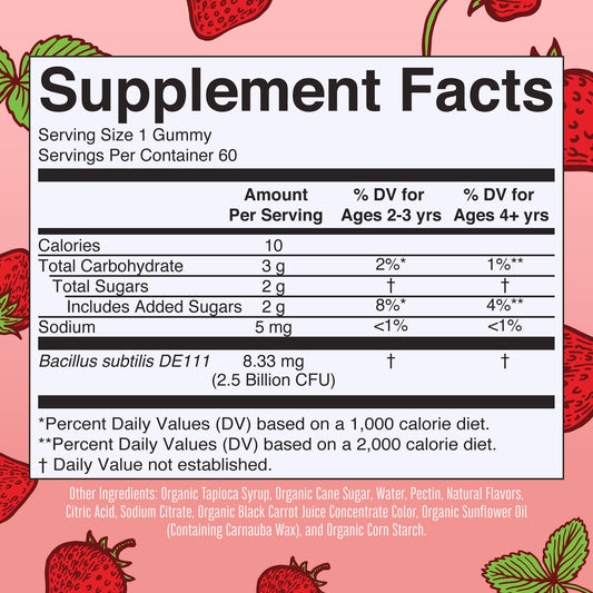 Strawberry-flavored kid's probiotic gummy close-up