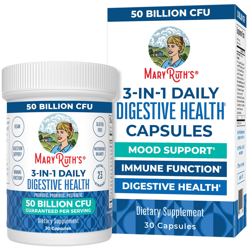 MaryRuth Organics 3-in-1 Probiotics bottle for daily gut support.