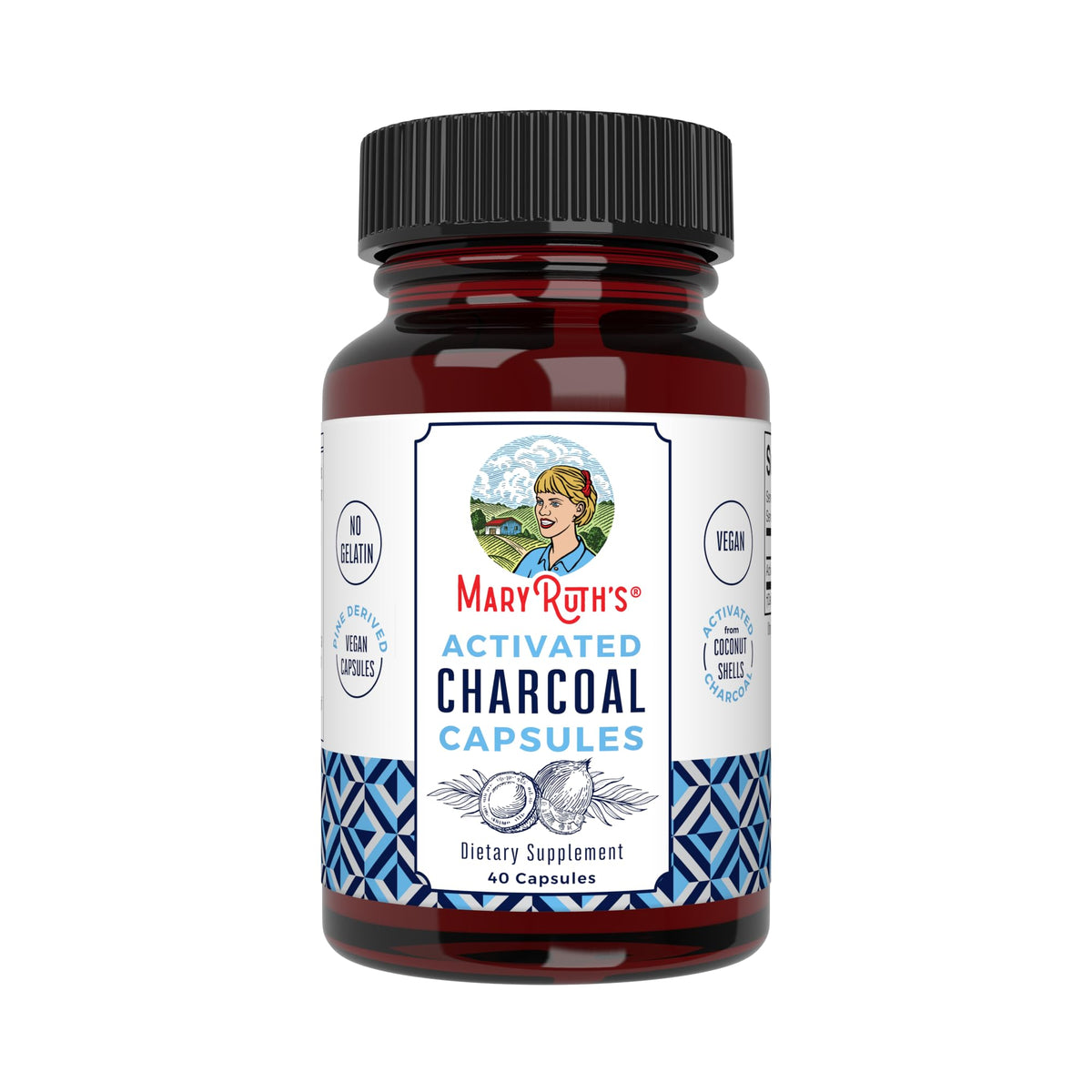 MaryRuth Organics Activated Charcoal Capsules bottle on white background
