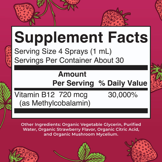 Close-up of strawberry-flavored B12 spray droplets
