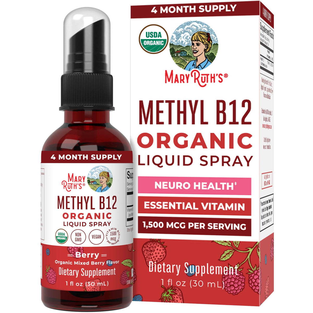 MaryRuth Organics Vitamin B12 spray bottle with berry flavor, 1 fl oz