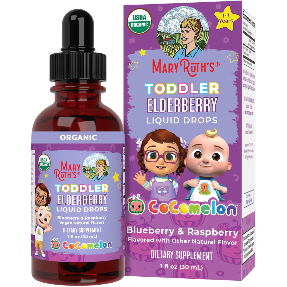 MaryRuth Organics Cocomelon toddler elderberry syrup bottle front