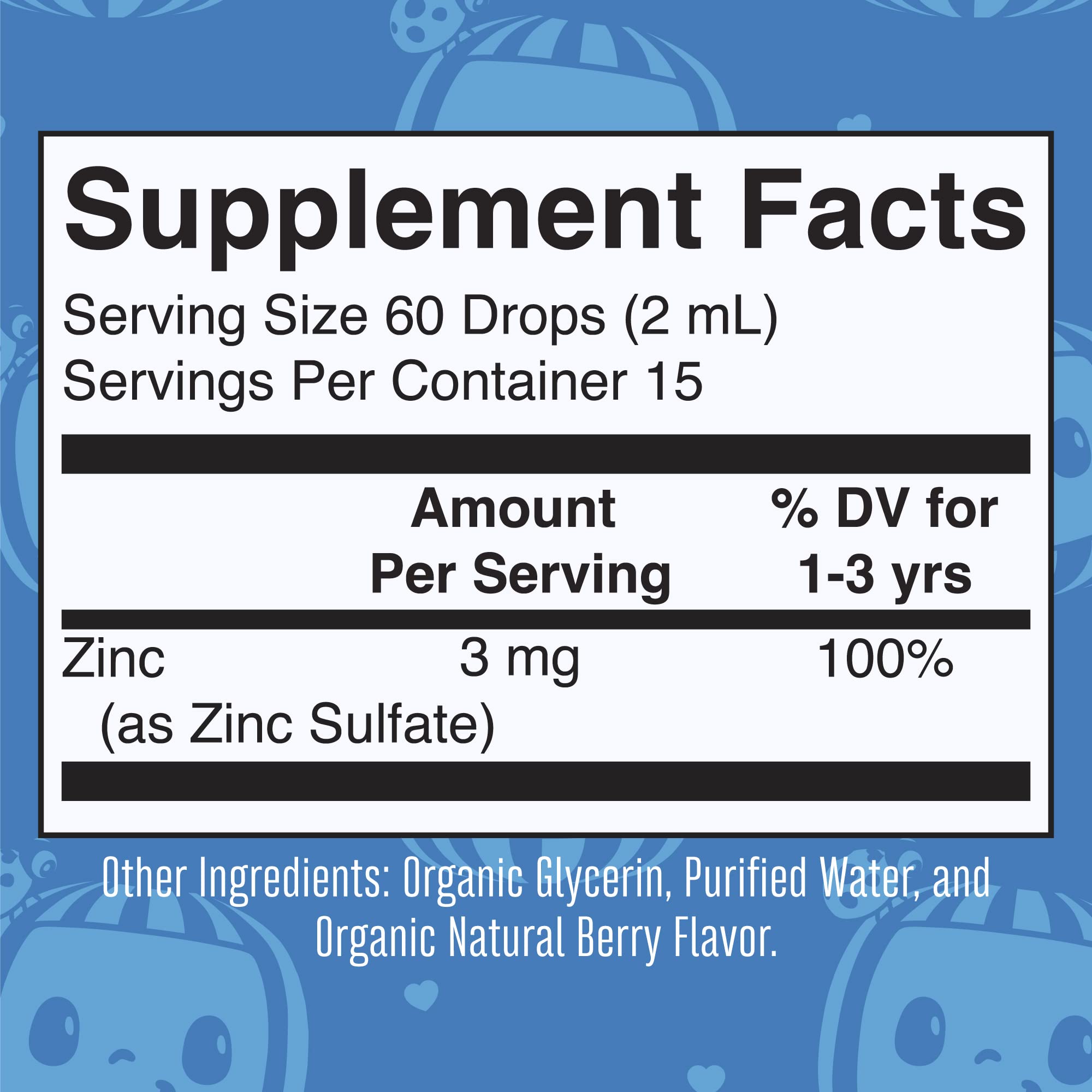 Ingredients list showing zinc sulfate, organic glycerin, berry flavor