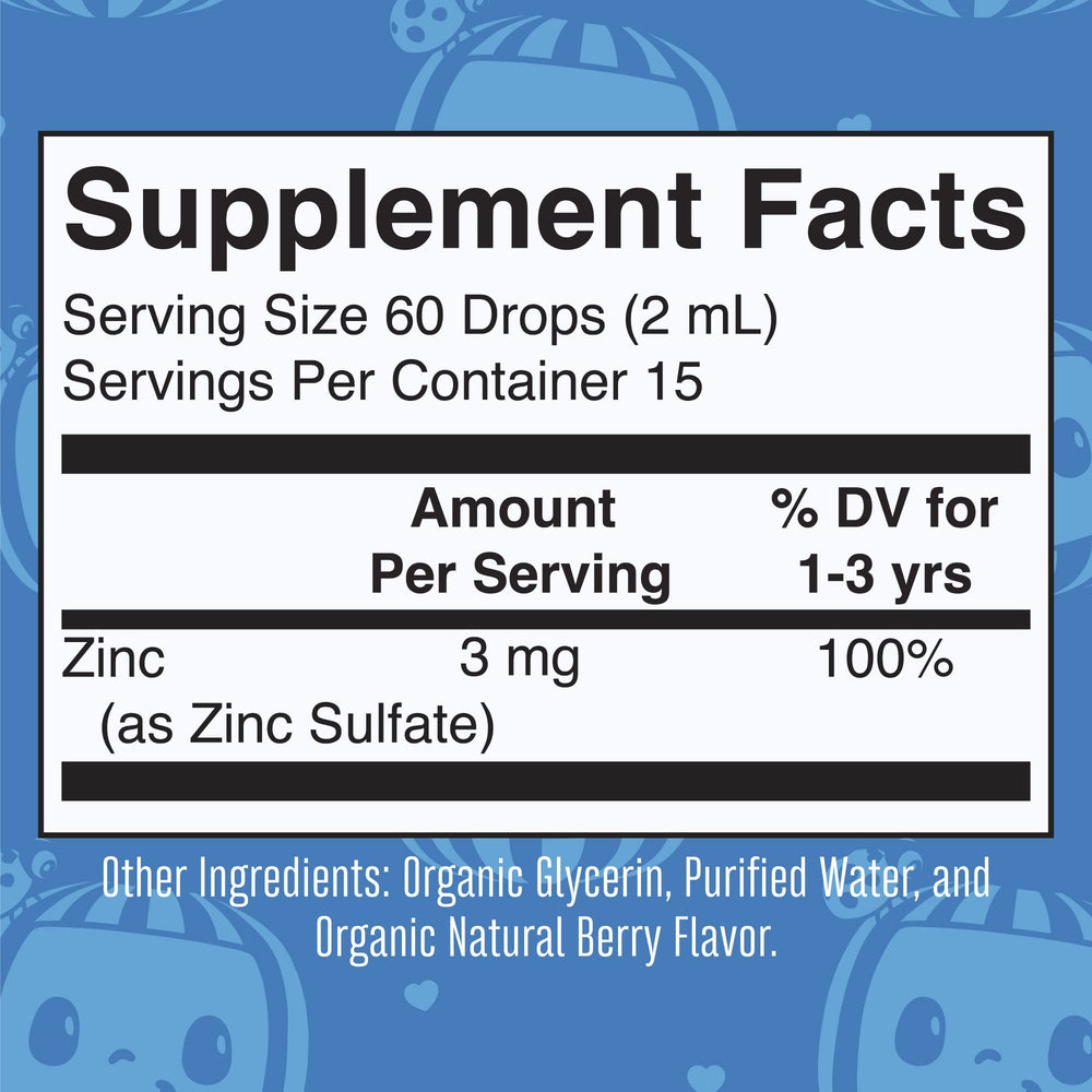Ingredients list showing zinc sulfate, organic glycerin, berry flavor