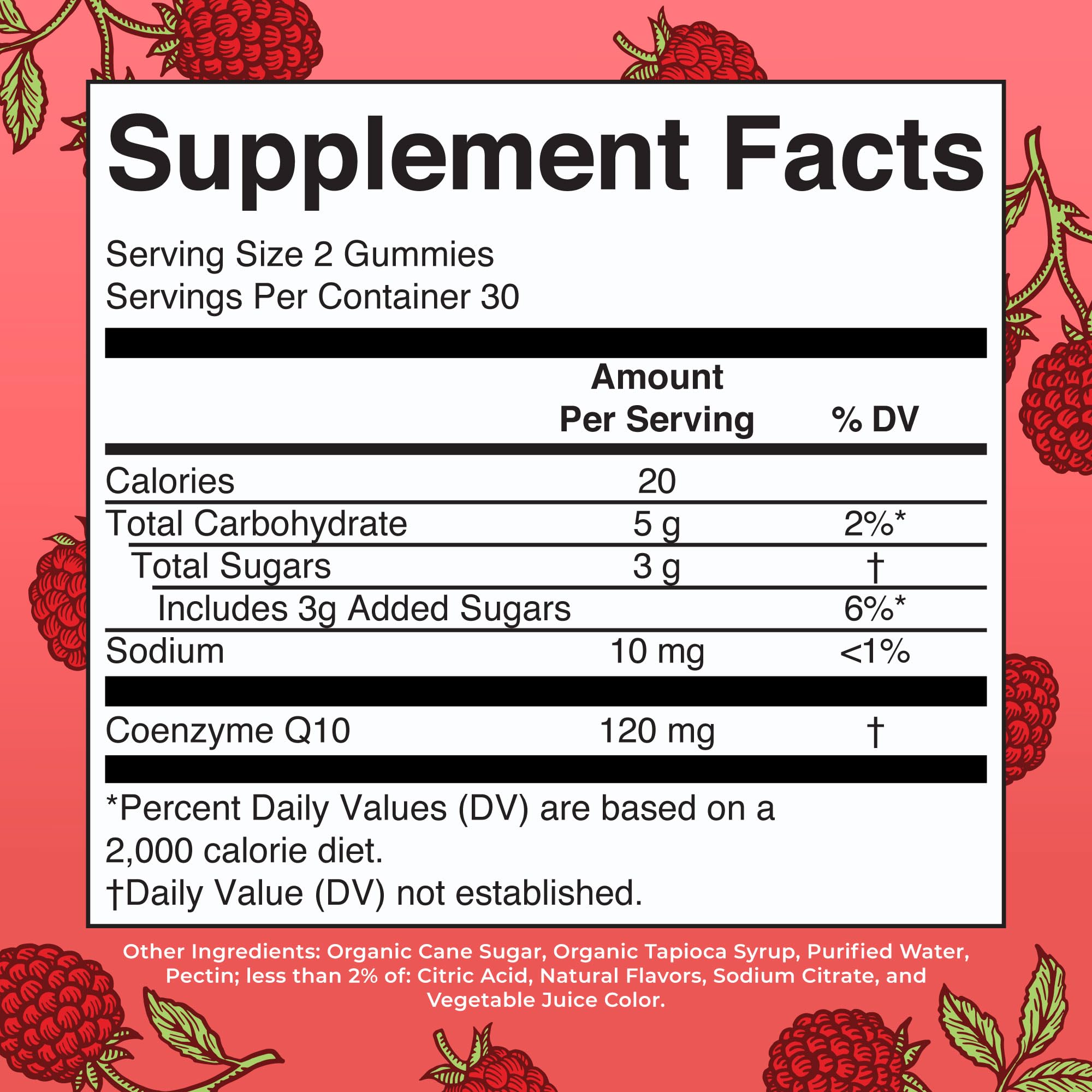 Back of the MaryRuth Organics CoQ10 Gummies Raspberry 60-count package
