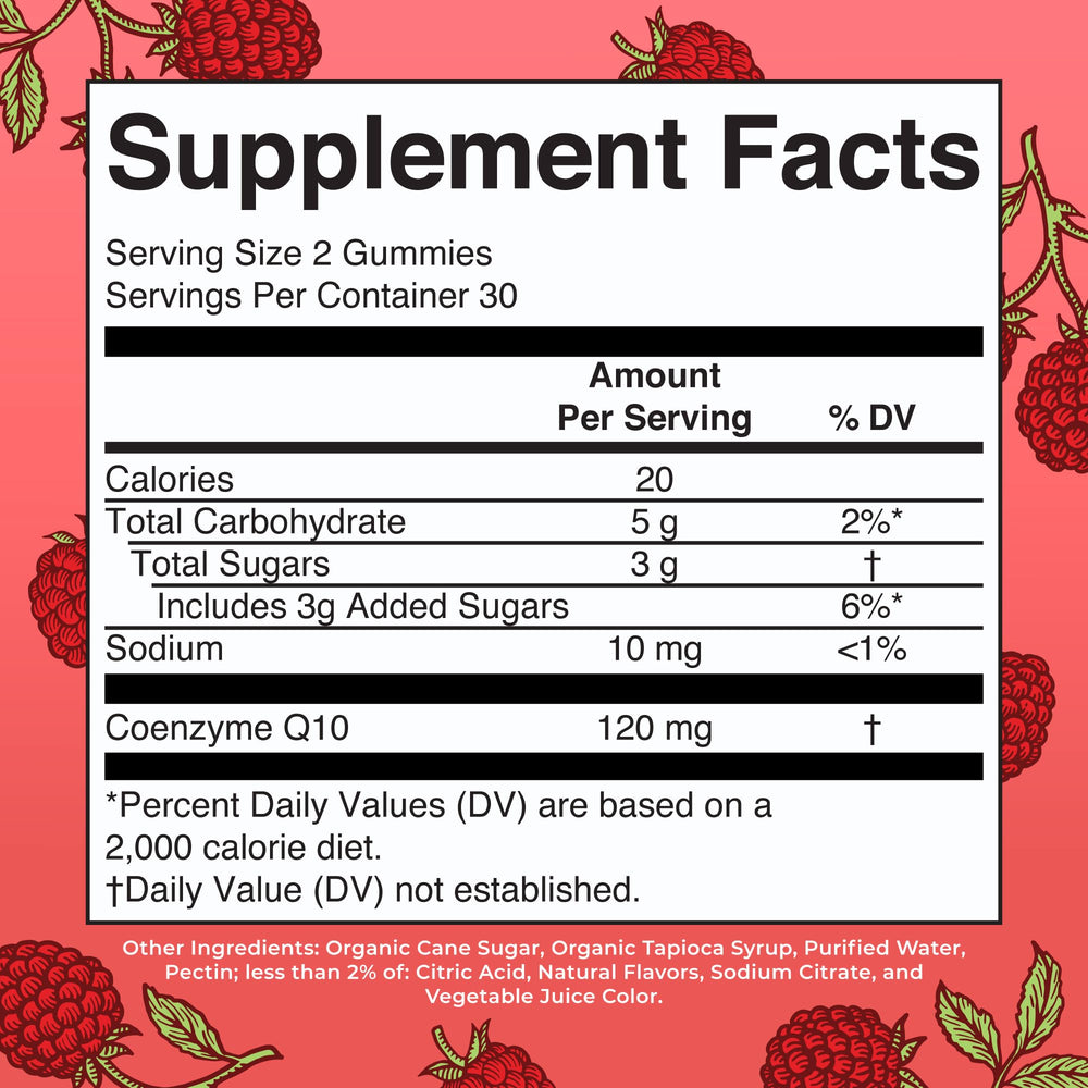 Back of the MaryRuth Organics CoQ10 Gummies Raspberry 60-count package