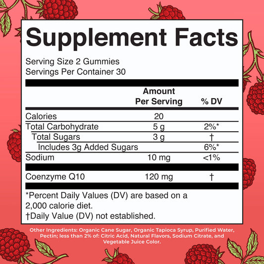 Back of the MaryRuth Organics CoQ10 Gummies Raspberry 60-count package