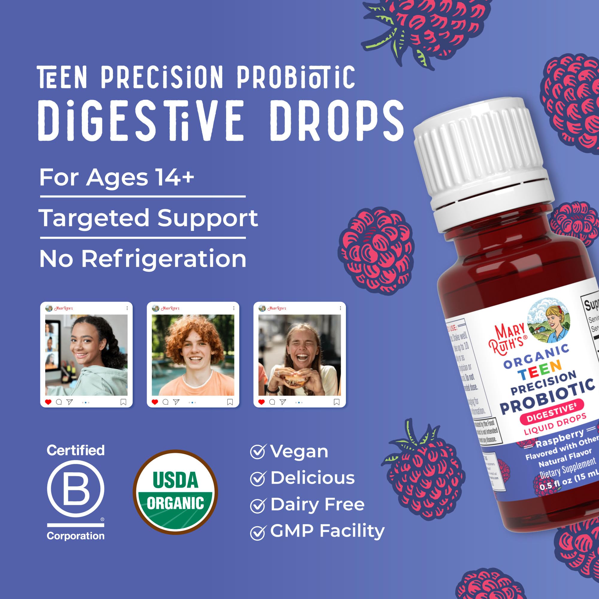 Dairy-free, gluten-free icons for MaryRuth probiotic drops