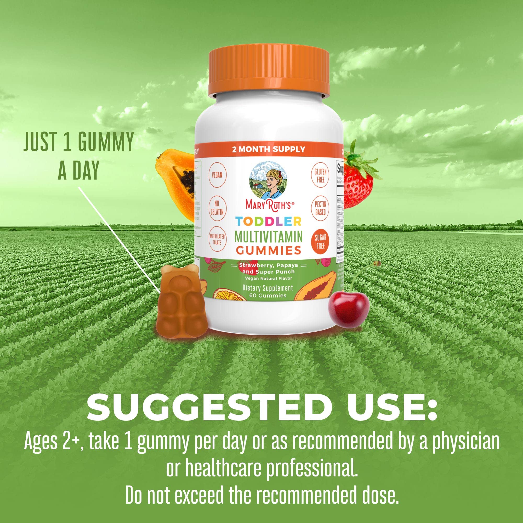 One gummy per day dosing illustration for kids 2+