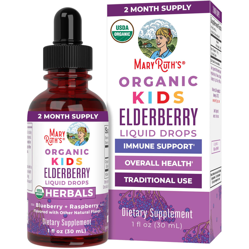 Front view of MaryRuth Organics Elderberry Kids Liquid Drops bottle 1oz