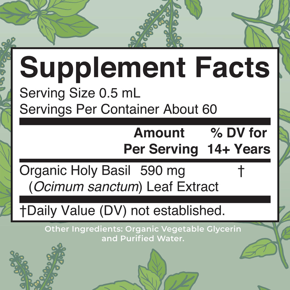 MaryRuth Organics Holy Basil Sugar Free Tulsi Drops bottle and label
