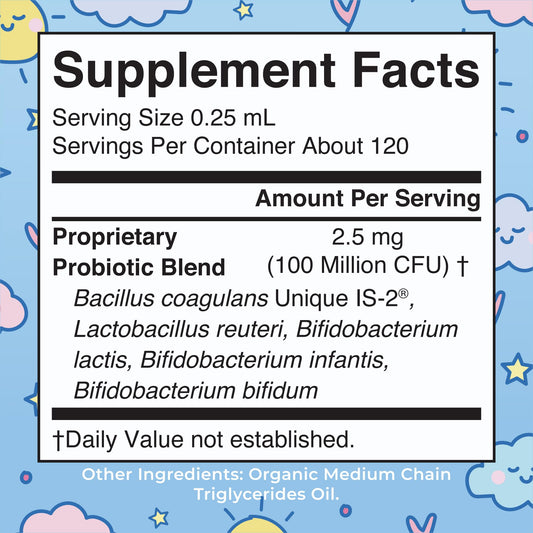 Close-up of probiotic drops bottle label with USDA Organic and vegan logos