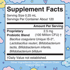Close-up of probiotic drops bottle label with USDA Organic and vegan logos