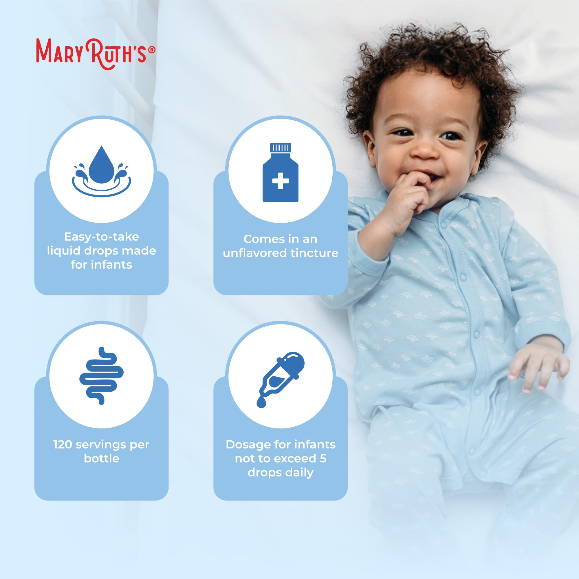 Infant probiotic bottle surrounded by baby-friendly icons