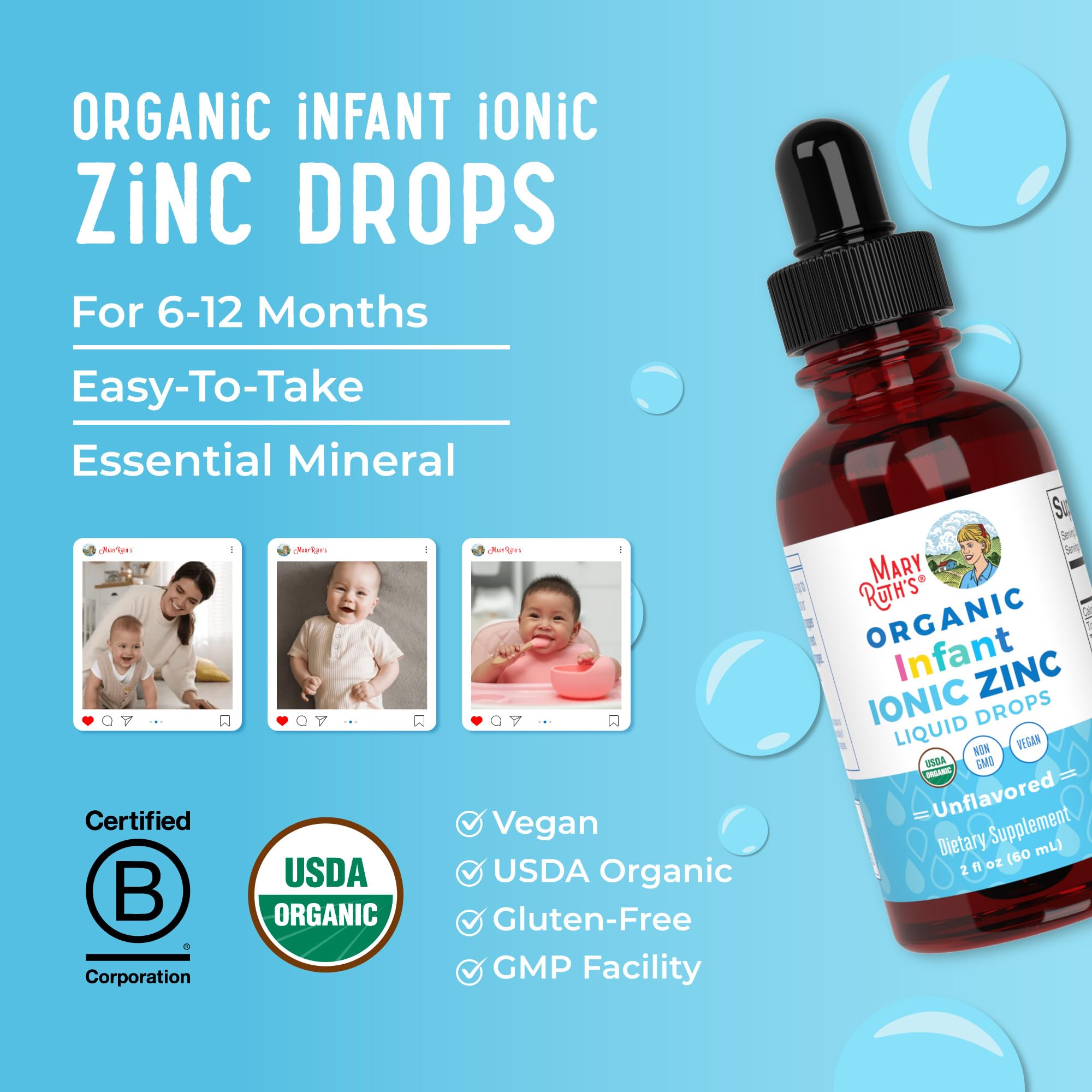 Product display of infant zinc drops on white background