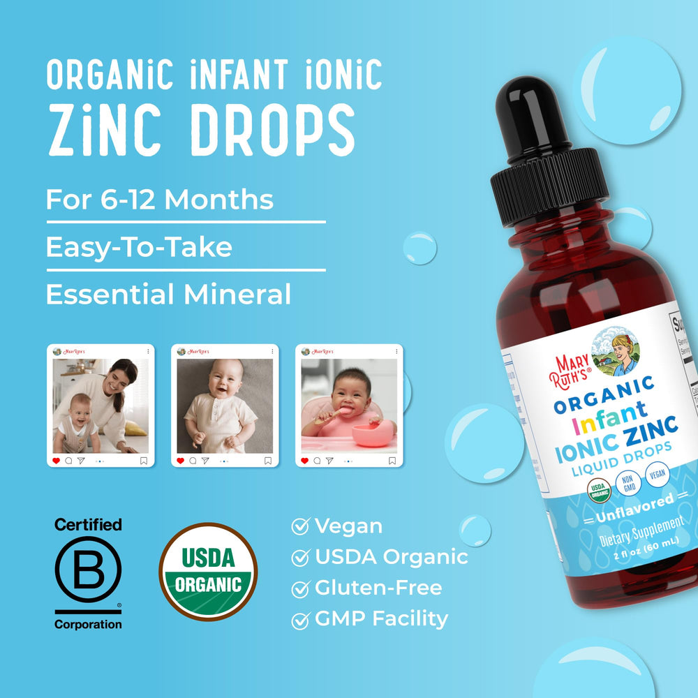 Product display of infant zinc drops on white background
