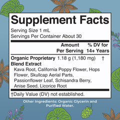 Close-up of ingredients: kava, skullcap, hops and passionflower