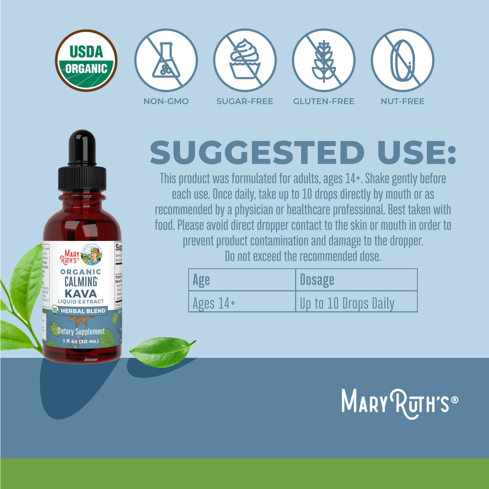 Usage directions for MaryRuth Organics Calming Kava Drops