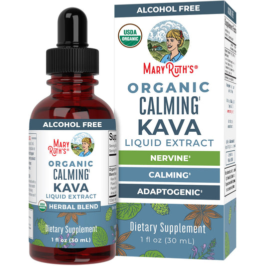 MaryRuth Organics Calming Kava Drops bottle label with 30 servings