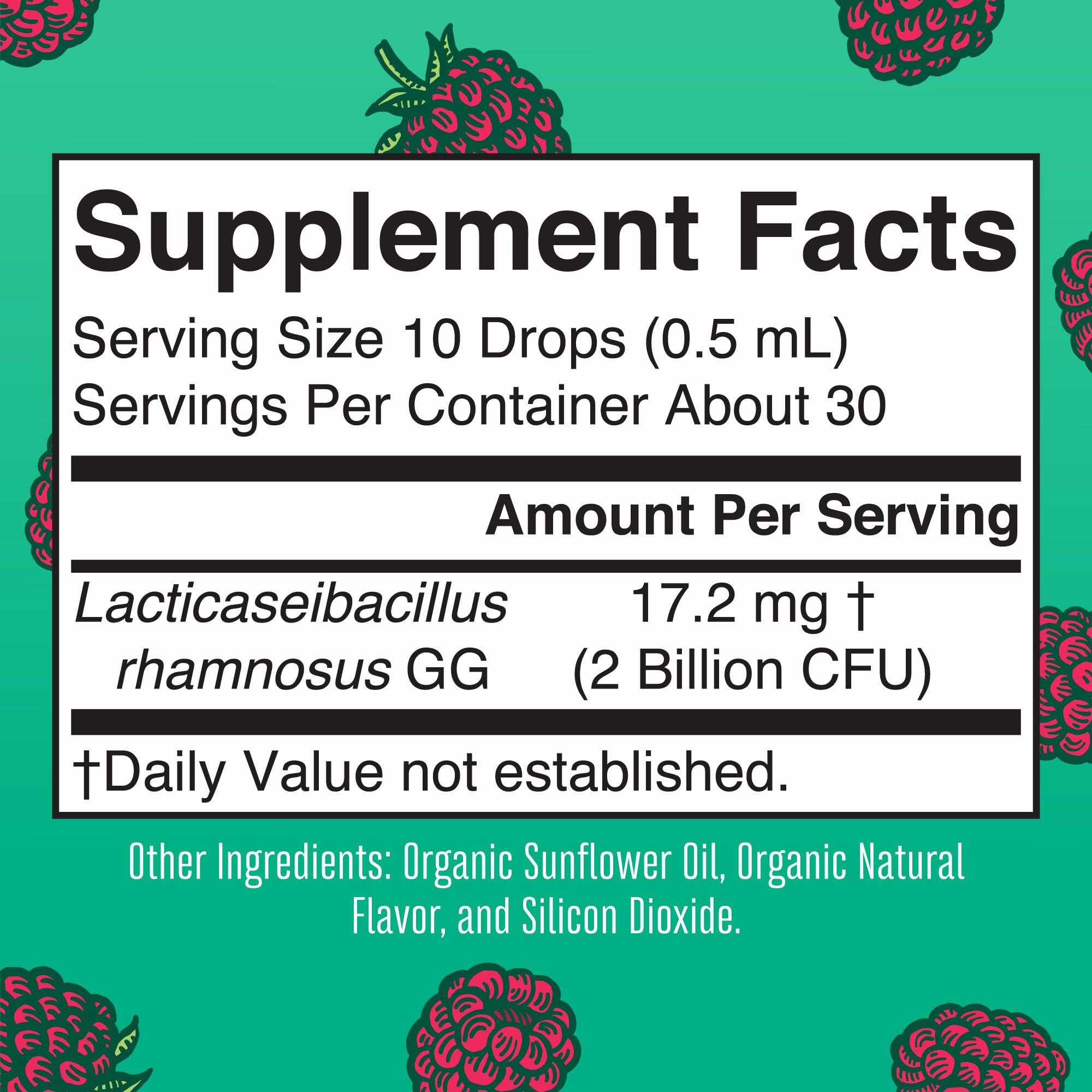 Back of MaryRuth Organics Kids Probiotic Drops bottle with label