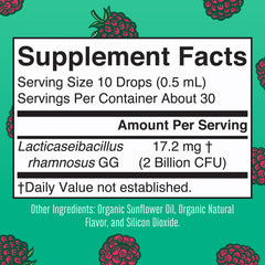 Back of MaryRuth Organics Kids Probiotic Drops bottle with label