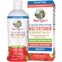 MaryRuth Organics Liquid Morning Multivitamin Essentials+ bottle front, promoting complete daily nourishment.