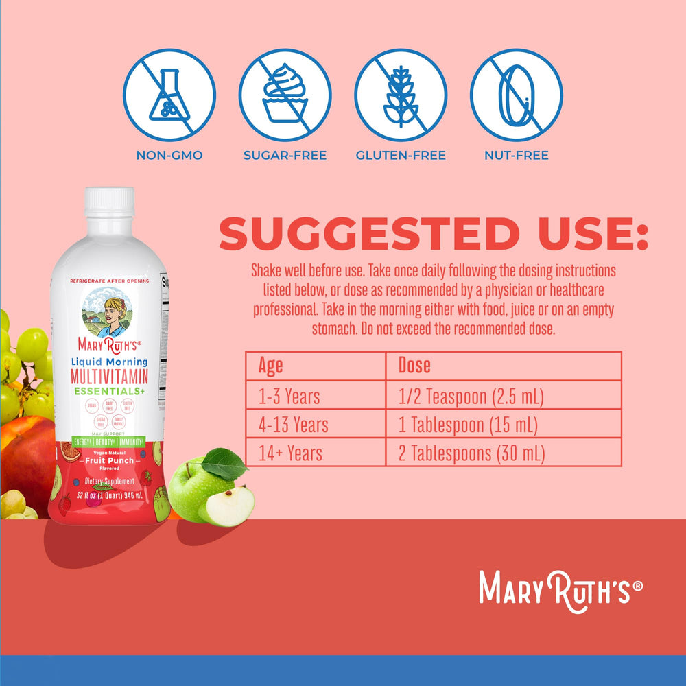 MaryRuth Essentials Plus fruit punch flavor liquid multivitamin bottle