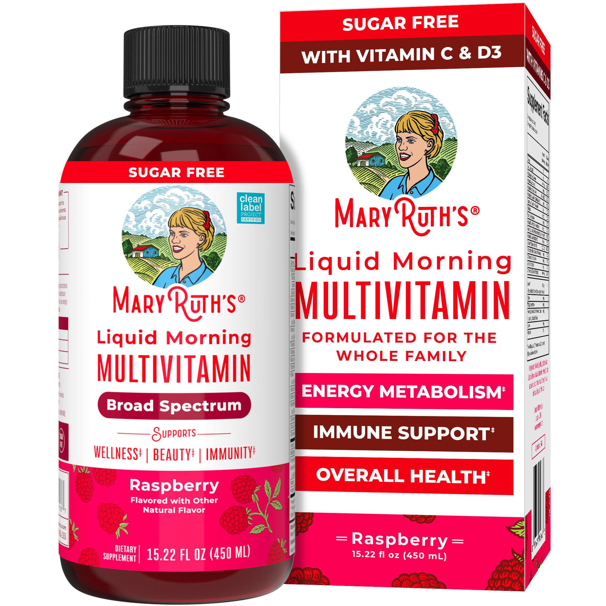 MaryRuth Organics Raspberry Liquid Multivitamin bottle with family lifestyle