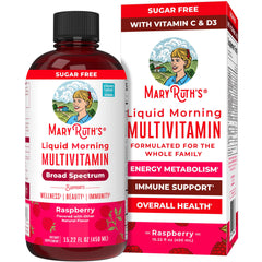MaryRuth Organics Raspberry Liquid Multivitamin bottle with family lifestyle