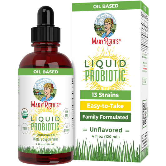 MaryRuth Organics USDA Organic Liquid Probiotic bottle with 40 servings; supports digestive and gut health