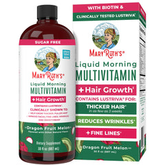 MaryRuth Organics Lustriva bottle front promotes thicker hair.