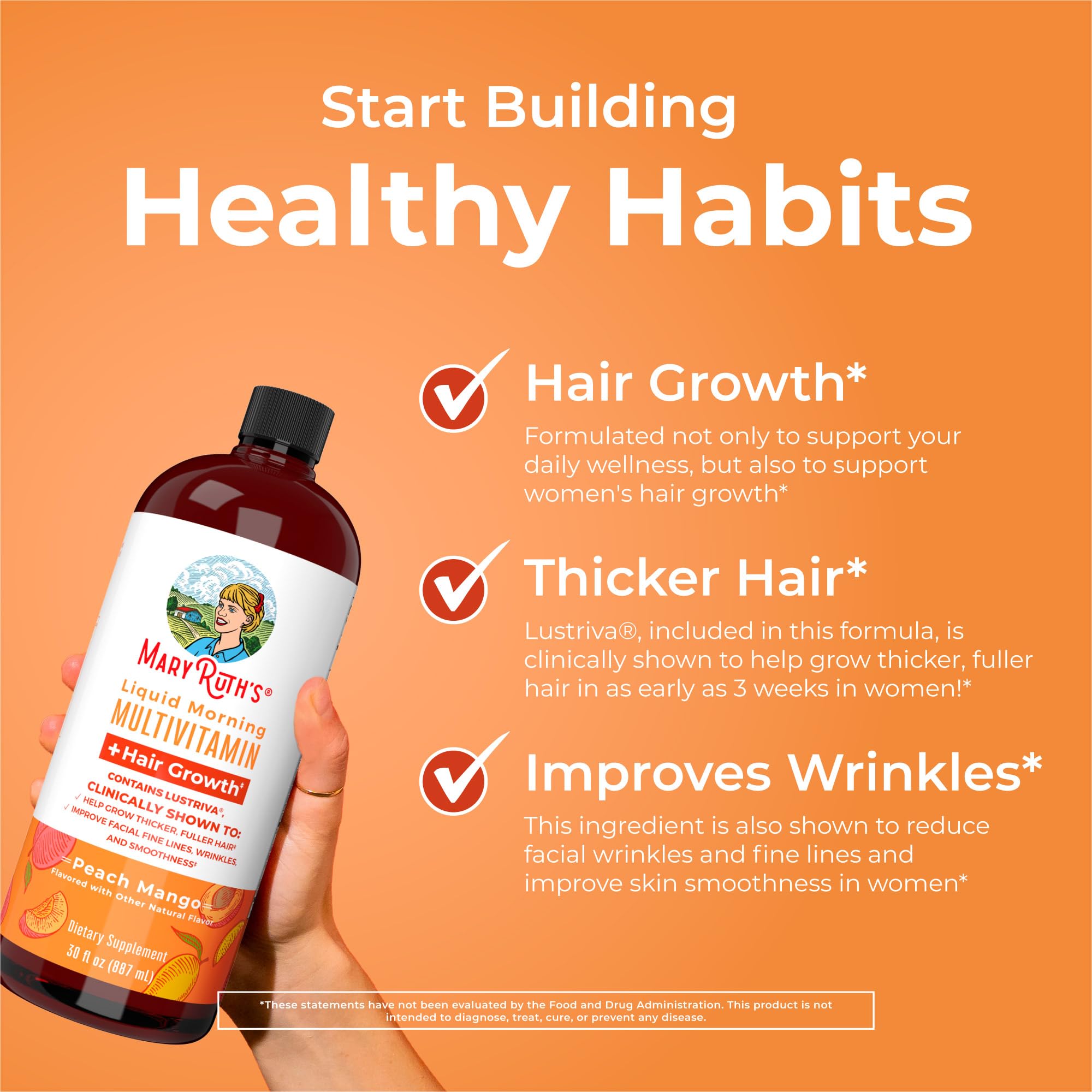 MaryRuth Organics Lustriva hair growth bottle with focus on fuller-looking hair.