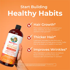 MaryRuth Organics Lustriva hair growth bottle with focus on fuller-looking hair.