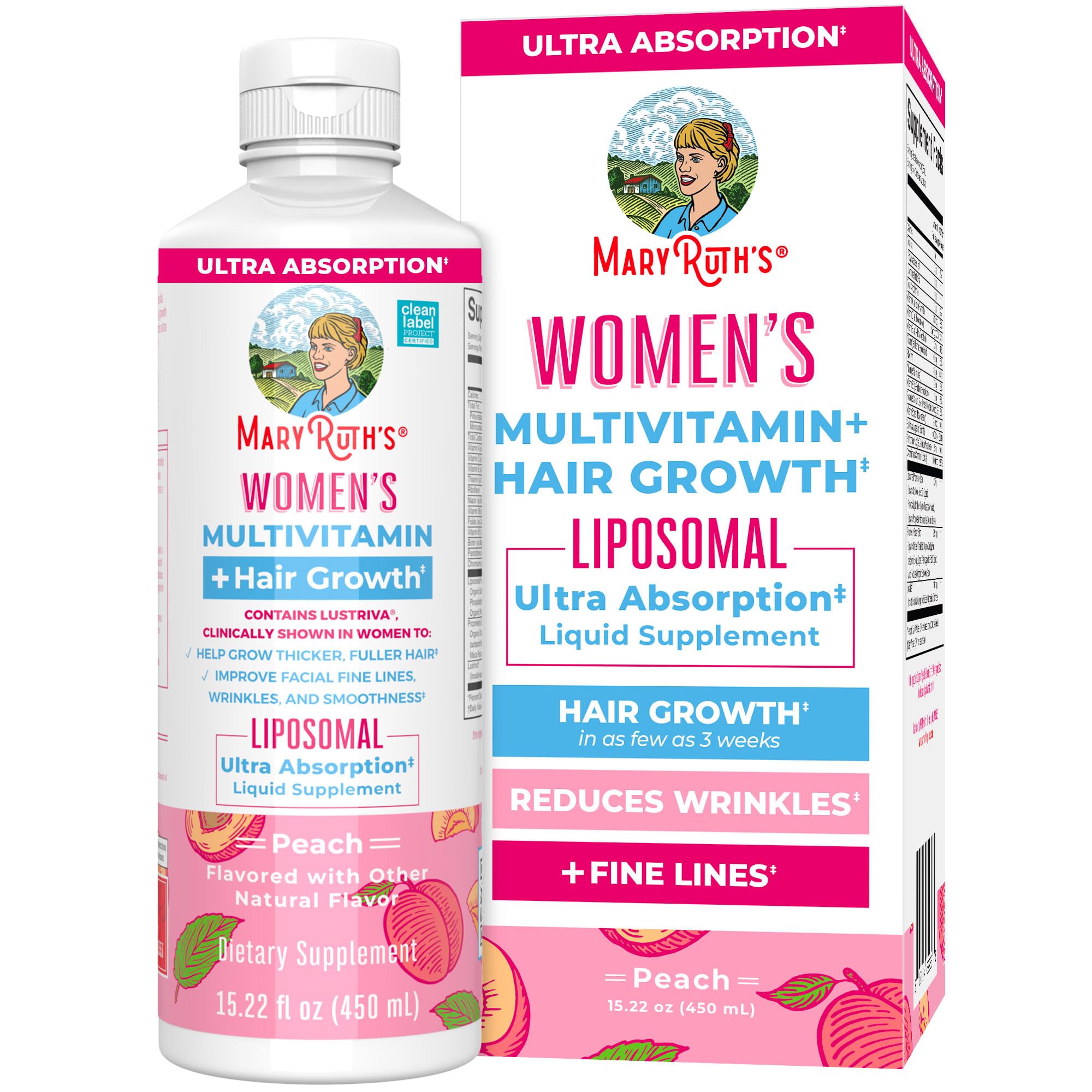 MaryRuth Organics Lustriva hair growth multivitamin bottle promoting fuller hair