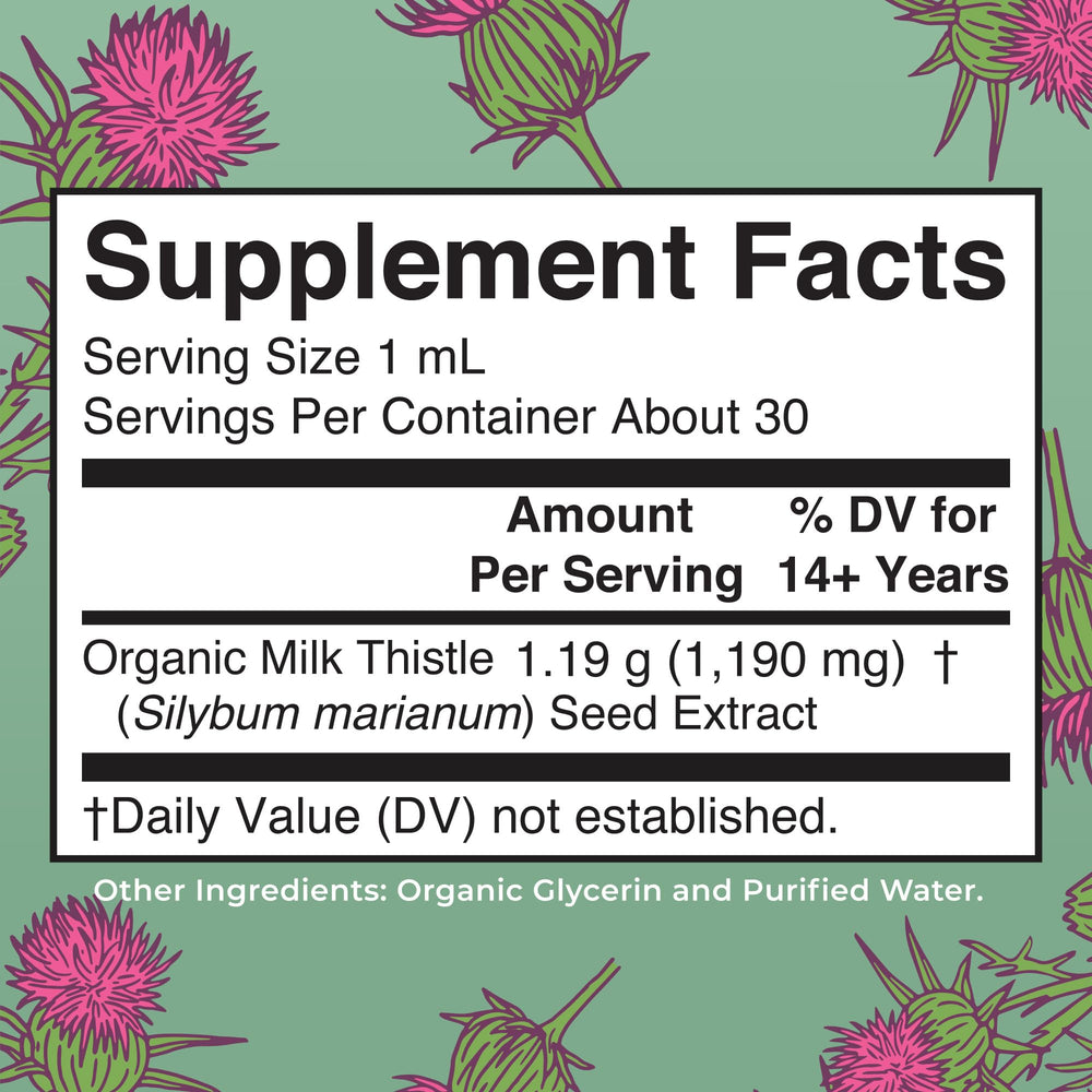 Close-up of MaryRuth Organic Milk Thistle Seed Drops label