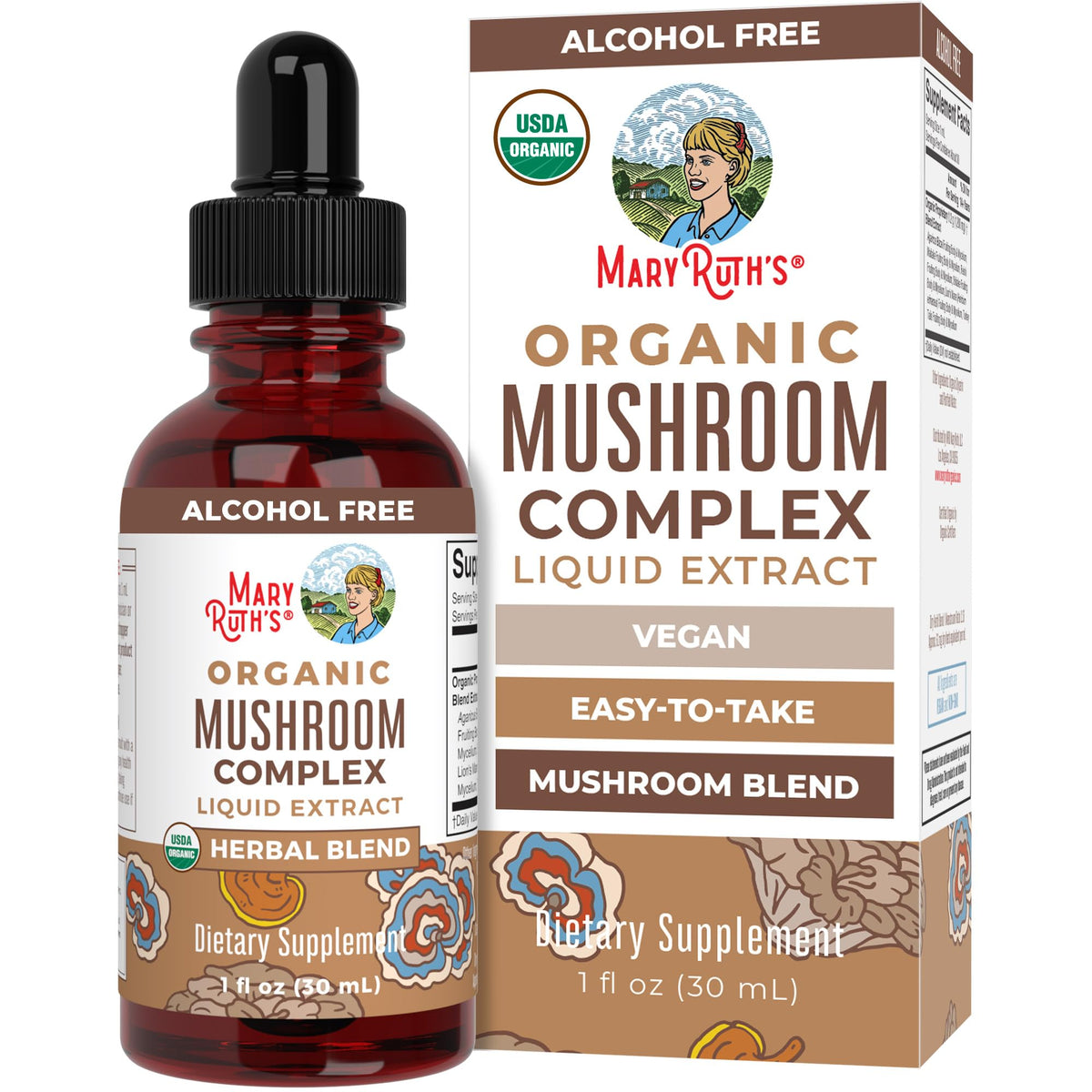 Front view of MaryRuth Organics Mushroom Complex bottle