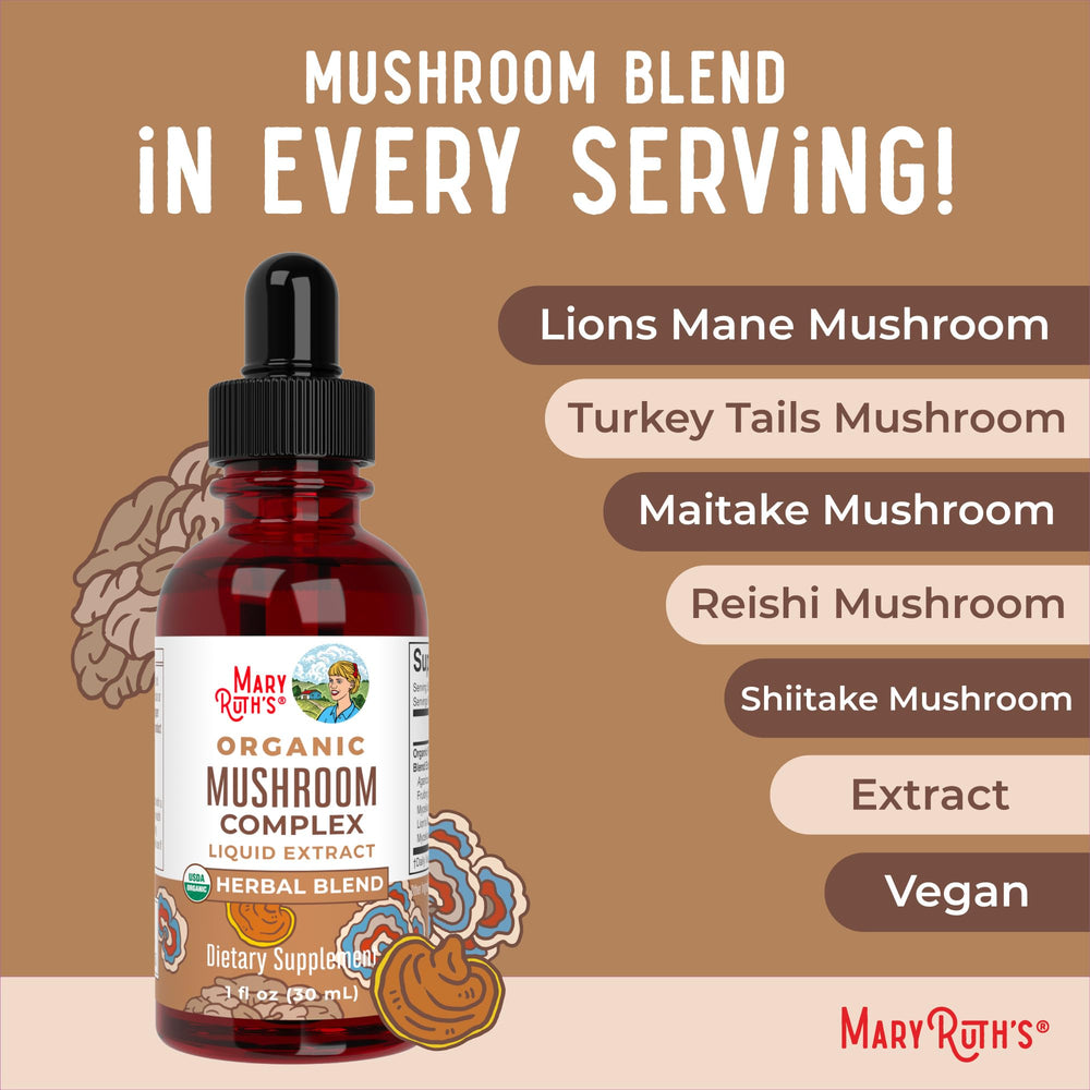 USDA Organic seal on MaryRuth Organics Mushroom Complex bottle