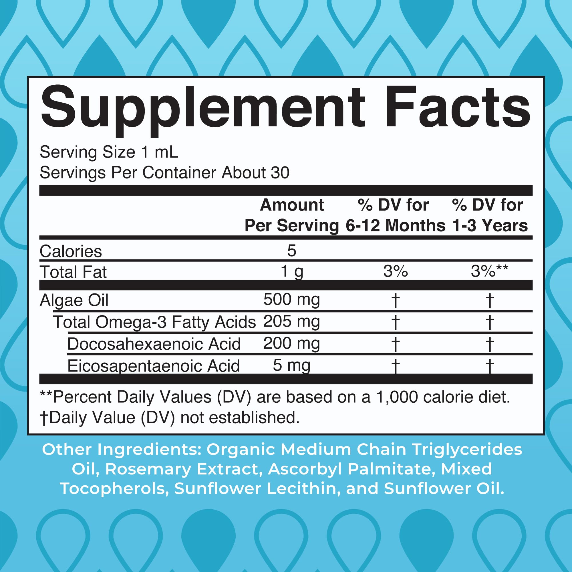 Close-up of DHA and EPA content per serving (200mg DHA, 2mg EPA)