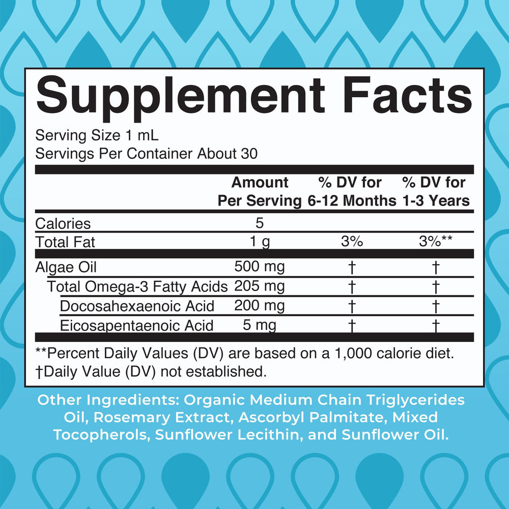 Close-up of DHA and EPA content per serving (200mg DHA, 2mg EPA)