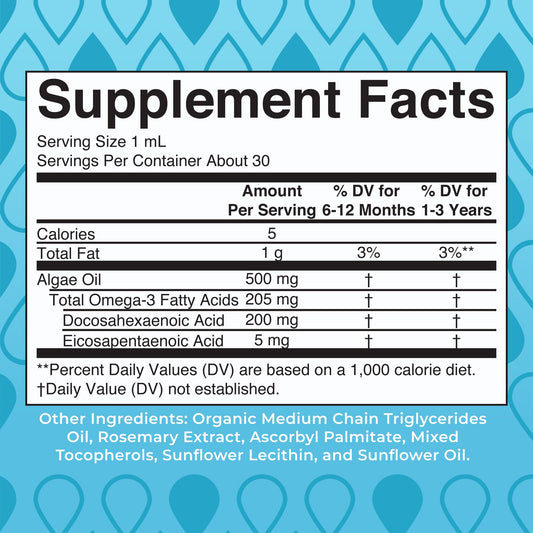 Close-up of DHA and EPA content per serving (200mg DHA, 2mg EPA)