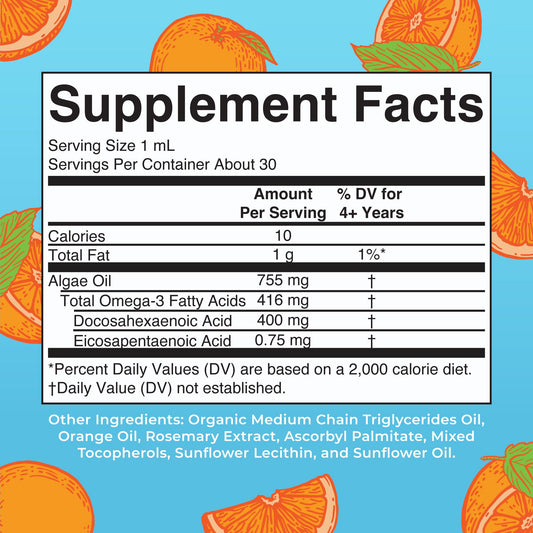 Nutrition facts panel showing 400mg DHA per serving