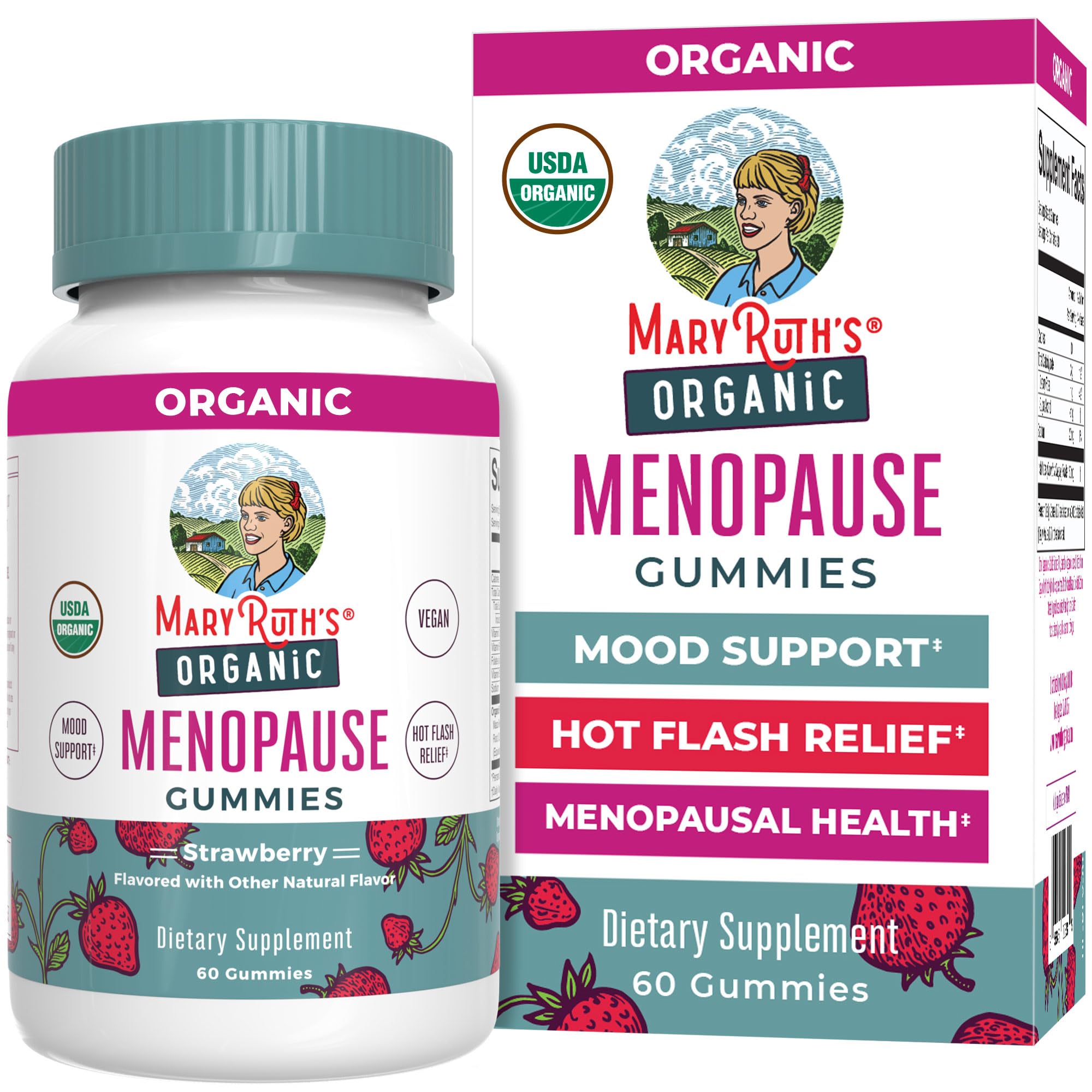 MaryRuth Organics Organic Menopause Gummies bottle shows mood support and hot flash relief potential