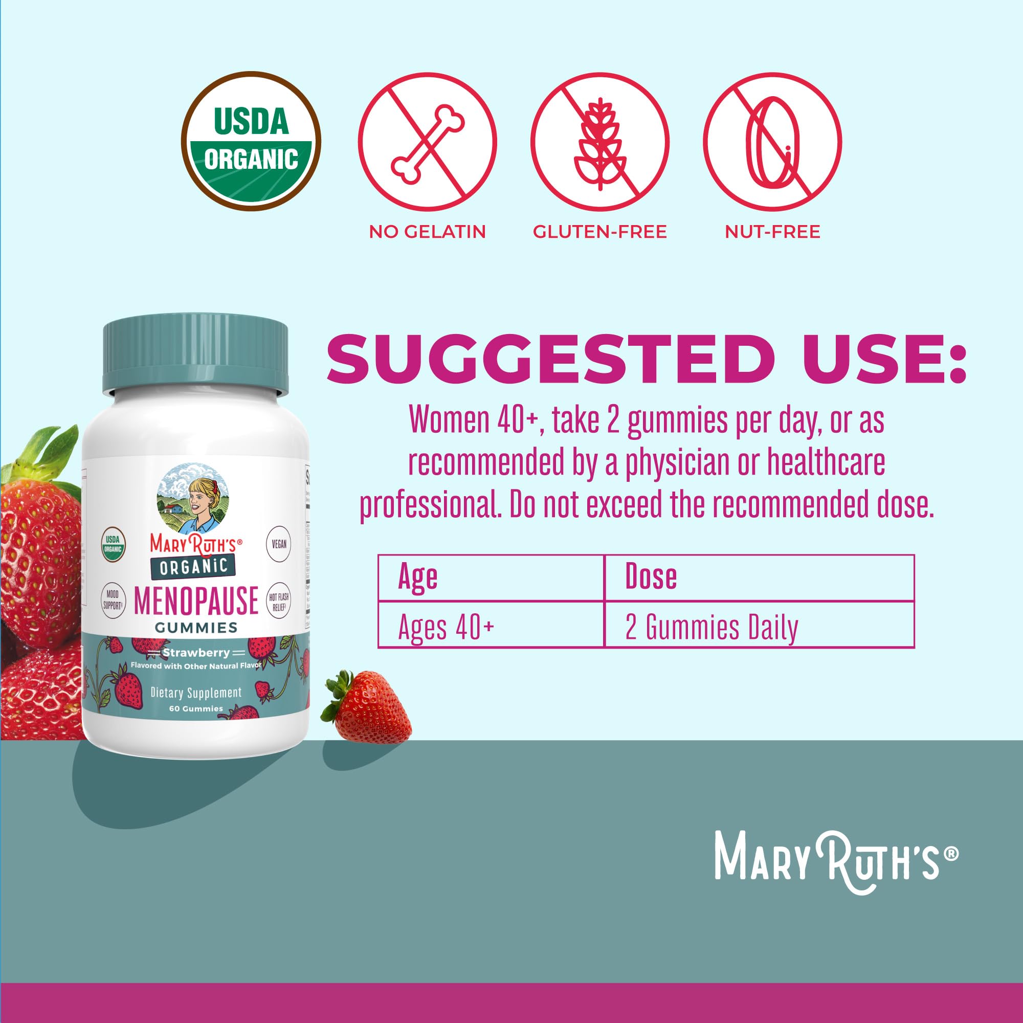 MaryRuth Organics Organic Menopause Gummies label displays USDA Organic certification