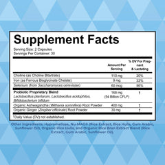 Close-up of Postnatal Probiotics capsules showing 30 servings