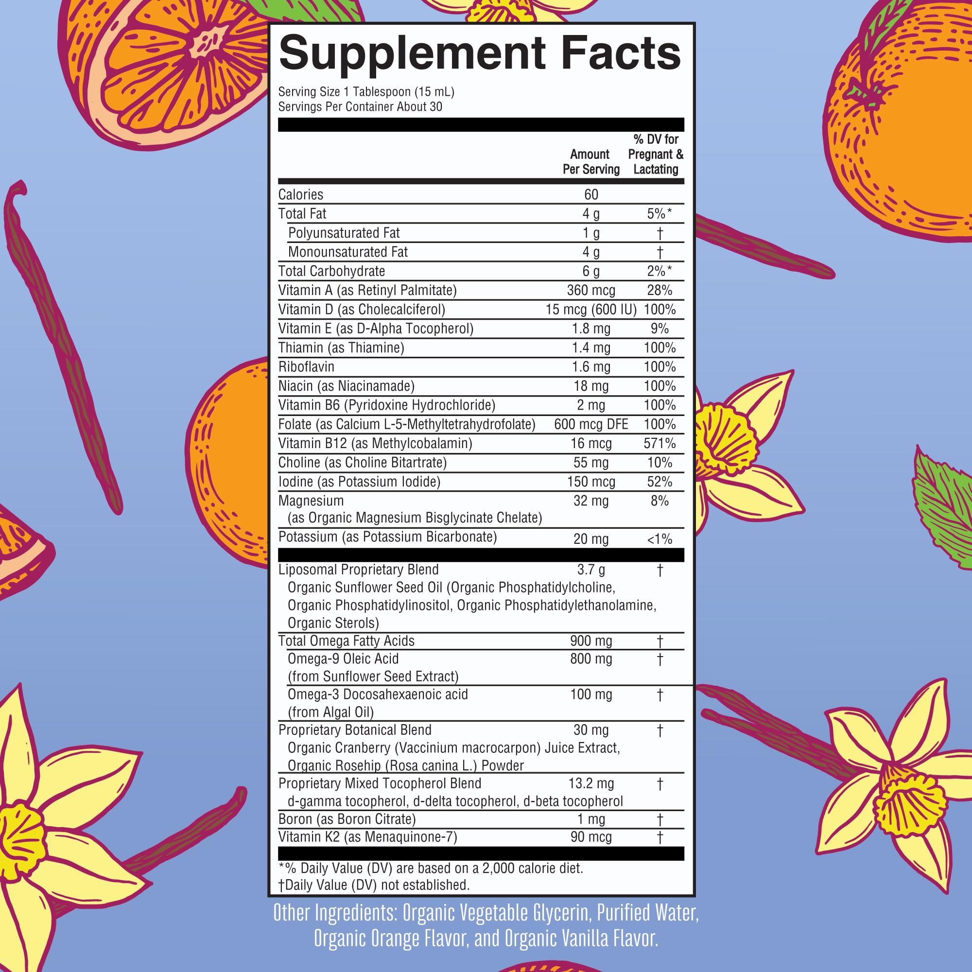 Close-up of product label showing Sugar Free, Vegan, Non-GMO and Gluten Free